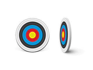 3d archery target with arrows set, front and side view, isolated round dartboards