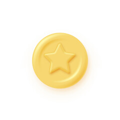 Yellow round coin or button with star vector illustration. 3d gold glossy elegant circle design for empty emblem, medal or badge isolated on white background