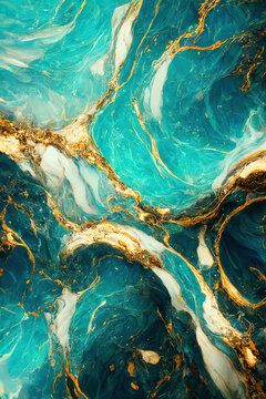 Abstract marble textured background. Fluid art modern wallpaper. Marbe gold and turquoise surface © Oleksandr Blishch