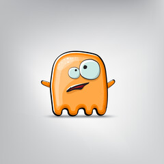 Funny cute smiling orange ghost monster isolated on grey background. Hand drawn cartoon ghost character with eyes and mouth , cute emoji. Funky Halloween spirit element.