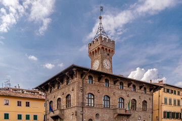 Fototapeta na wymiar A view of the Palazzo Pretorio in the historic center of Figline Valdarno, Florence, Italy