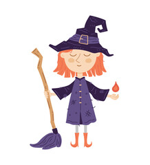 cute cartoon character witch with a broom vector illustration