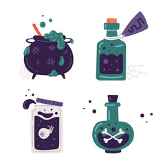 Set: potions, cauldron, jar, flasks for Halloween vector illustration