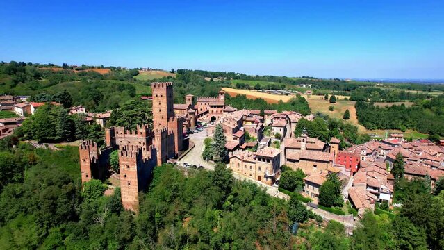Medieval towns and castles of Emilia Romagna, Italy - Castel Arquato town and Rocca Viscontea castle.  aerial drone view