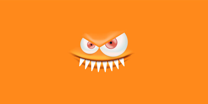 Vector angry orange monster face with open mouth with fangs and evil eyes isolated on orange horizontal background. Halloween cute and angry monster design template for poster, banner and tee print