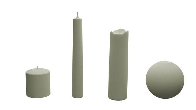 Set of different wax decorative candles in white colour isolated on transparent background. 3d render