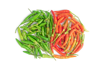 close up of separated green and red chilies or cabai isolated on white background
