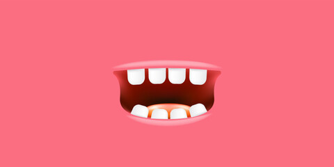 Naklejka premium Vector Cartoon open mouth isolated on pink background. Funny and cute Halloween Monster open mouth with big white teeth and pink tongue. Kids dentist concept banner and dental poster