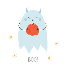 hand-drawn cute ghost with a pumpkin vector illustration Halloween