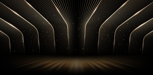 Rounded curve golden line dark tunnel of lights for ecommerce signs retail shopping, advertisement business agency, ads campaign marketing, email newsletter, landing pages, creative header, billboard  - obrazy, fototapety, plakaty