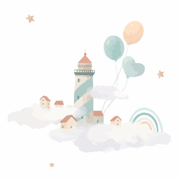 Beautiful vector baby clip art composition with cute watercolor lighthouse and air balloons. Children stock illustration.