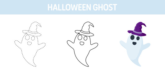 Ghost With Hat tracing and coloring worksheet for kids