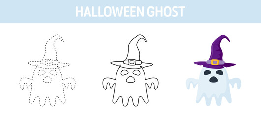 Ghost With Hat tracing and coloring worksheet for kids