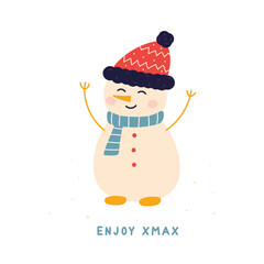 cute Christmas card snowman vector illustration with the inscription enjoy xmax