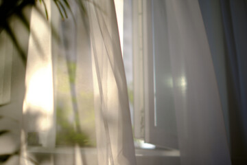 defocus warm sunlight through the transparent tulle illuminates the room. Sunny day, the sun's rays...