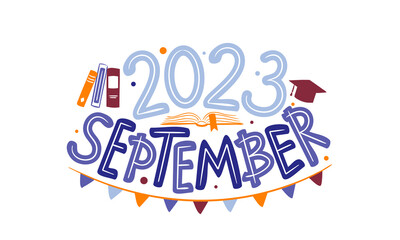 September 2023 logo with hand-drawn books, hat and garland. Months emblem for the design of calendars, seasons postcards, diaries. Doodle Vector illustration isolated on white background.