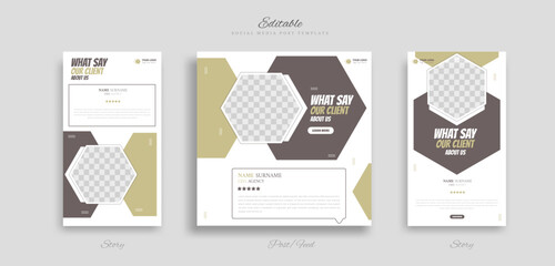 set of modern and creative client testimonial social media post and story design. customer service feedback review social media post or web banner vector template.