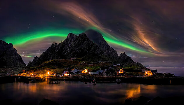 AI generated or 3D illustrated image of Aurora borealis over Hamnoy in Norway