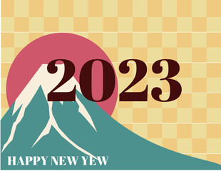 2023の文字と日の出と富士山。元旦背景、年賀状。ベクターイラスト