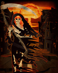 Redhair Lady Grim Reaper in a ruined city with nuclear explosion, vector illustration