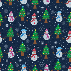 Christmas seamless pattern with snowmen, Christmas trees and snowflakes on dark blue background. For wrapping paper, fabric and textile 