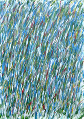 Creative background of colorful brush strokes on canvas closeup. Abstract art background from smeared brush strokes of green red white blue yellow colors macro. Drawing painting paint texture backdrop