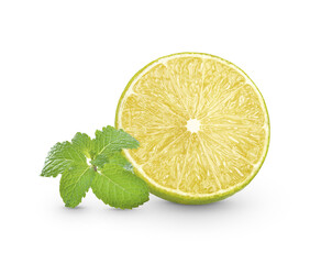 Fresh lime sliced with mint leaves isolated on transparent background (.PNG)