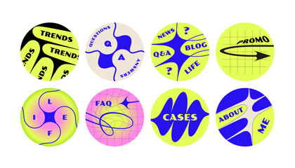 Cover icons for saved stories for social media. Vector set of strict stickers in brutalism style. Abstract geometric shapes with titles.