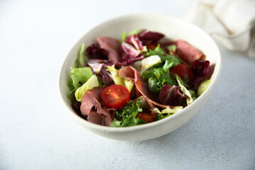 Fresh leaf salad with tomatoes and beef