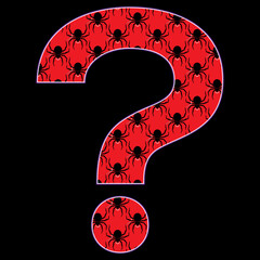 Vector illustration big question mark with halloween elements. Graphic interrogation point with black widow spider pattern.