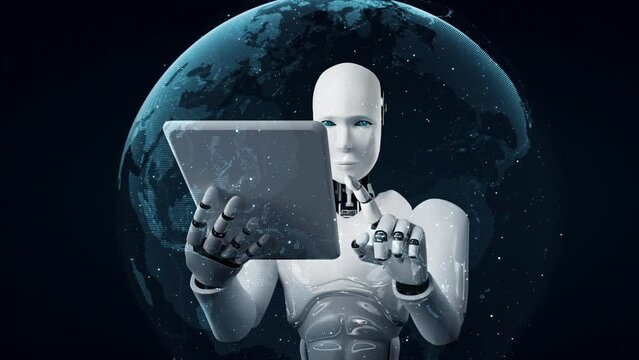 Futuristic robot artificial intelligence huminoid AI programming coding technology development and machine learning concept. Robotic bionic science research for future of human life. 3D rendering.