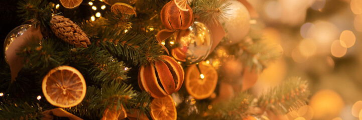 christmas tree banner,decorations from dried oranges, lemons and cones