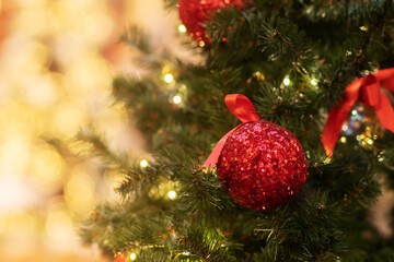 Decorated Christmas tree on blurred background,magical atmospheric light