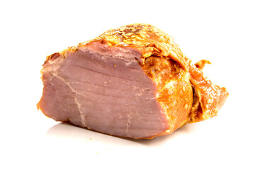 Smoked and steamed pork tenderloin on white background. Traditional sausage products.food concept