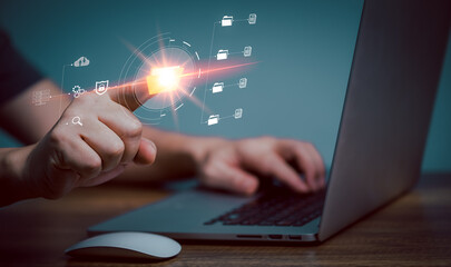 IT staff working with Document Management System (DMS), online documentation database and process automation to efficiently manage files, Corporate business technology.