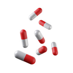 White and red capsules isolated on transparent background. 3d render. PNG. Tablets, medicine concept. 3D rendering, for web, ui, ux. Pills. Health	