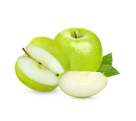 Fresh green apple with leaves isolated on transparent background. (.PNG)