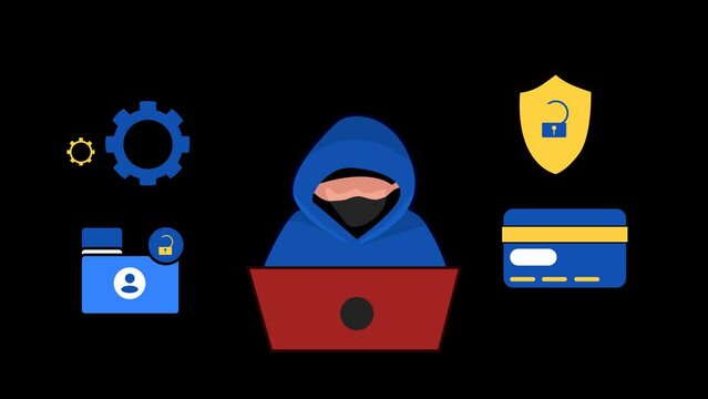 motion animation vector Hacker with laptop computer stealing confidential data, personal information, credit card. Internet phishing concept.