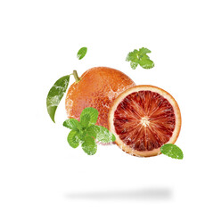 Water splash on fresh orange with mint isolated on transparent background. (.PNG)