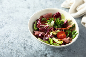 Fresh leaf salad with tomatoes and beef