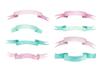 Obraz premium Hand drawn watercolor mint and pink ribbons