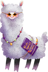 Illustration alpaca hipster with comics in glasses stars lama digital