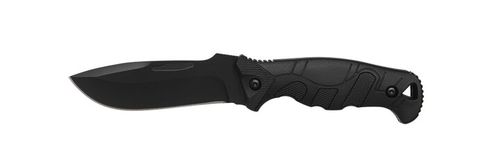 Modern hunting knife with black blade and plastic handle. Steel arms. Isolate on a white back.