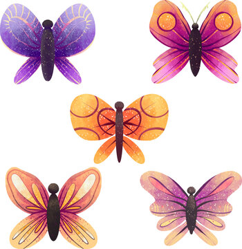 Illustration a set of colored butterflies for digital patterns