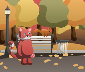 Illustration of the autumn park. The red panda met the squirrel on the bench. Colorful trees of red, green, yellow and orange colors, fallen leaves on the ground. Ready to use eps for your design