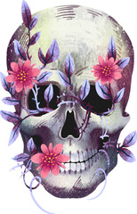 Illustration human skull with flowers sprouts leaves and branches print anatomy