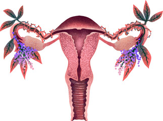 Illustration female uterus organ with flowers childbirth print anatomy