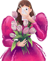 Illustration a fashionable girl in a pink dress stylish modern trendy with a bouquet in her hands takes a selfie