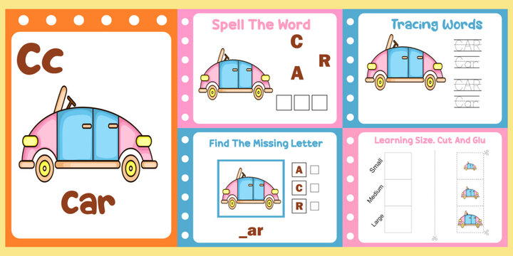 worksheets pack for kids with car vector. children's study book