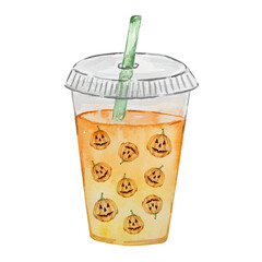 Watercolor halloween spooky ice coffee with pumpkins